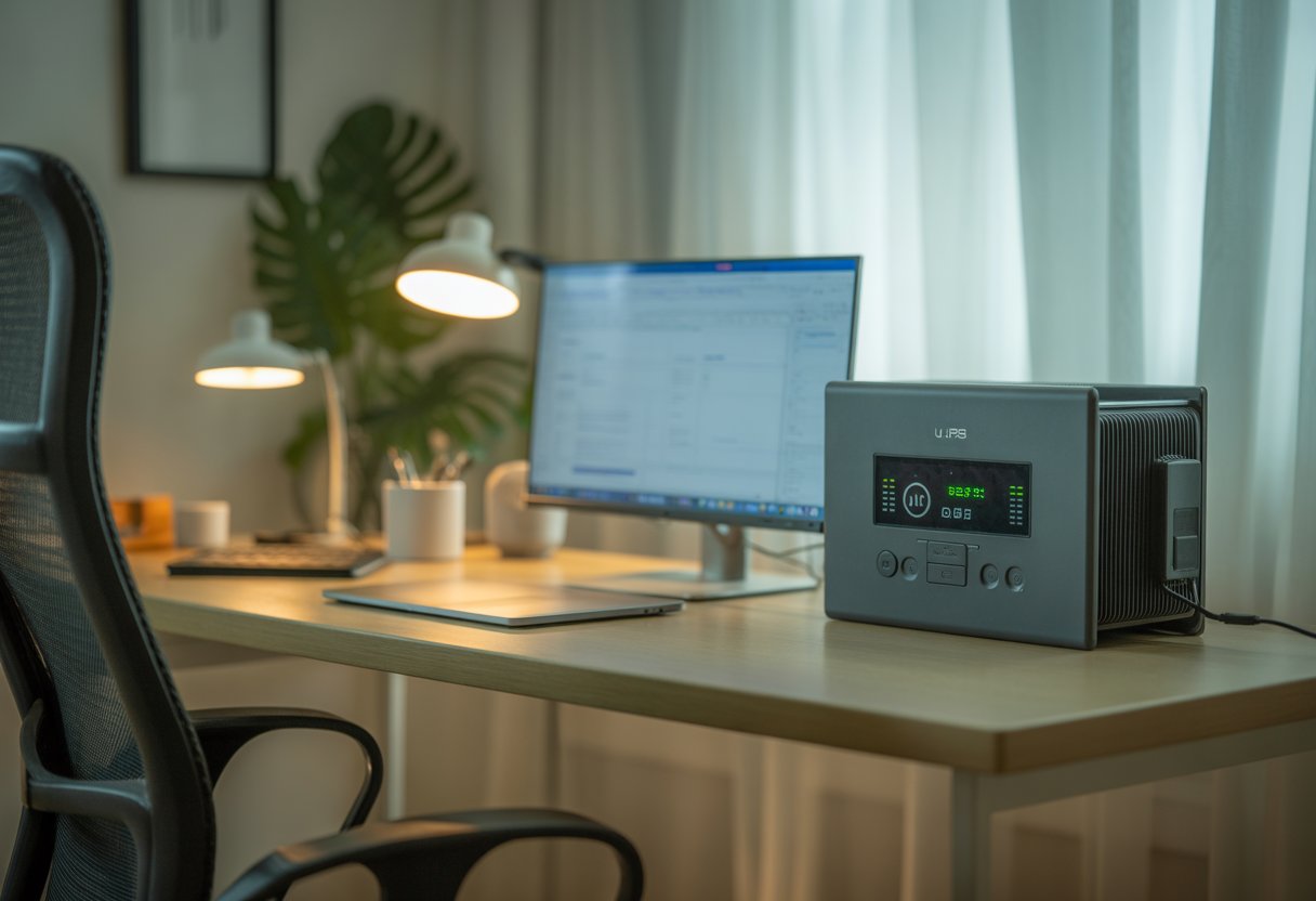 A home office with a laptop and monitor powered by a UPS device during a power outage.