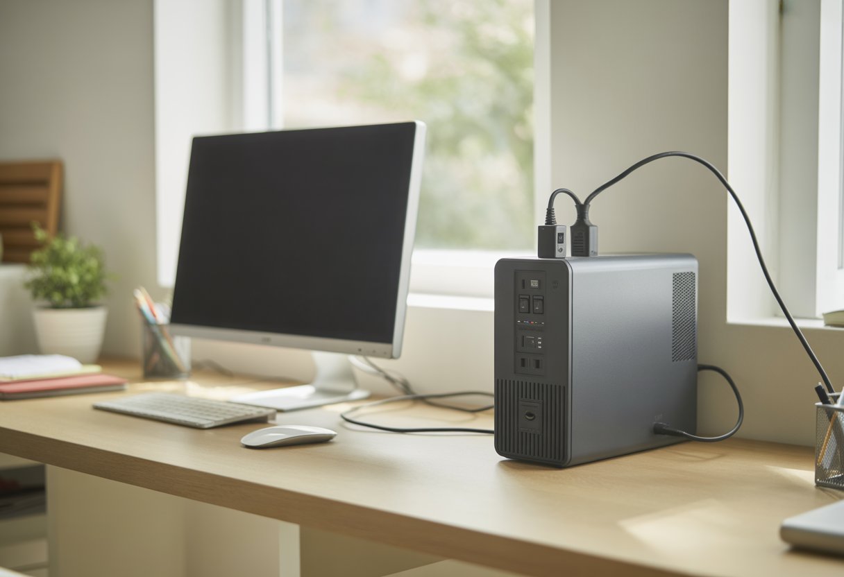 A home office desk with a computer connected to a UPS device, showing protection against power cuts.