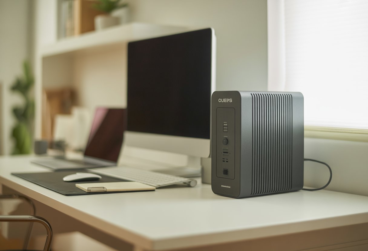 A home office desk with a laptop, monitor, and an uninterruptible power supply unit placed nearby, in a bright and tidy room.