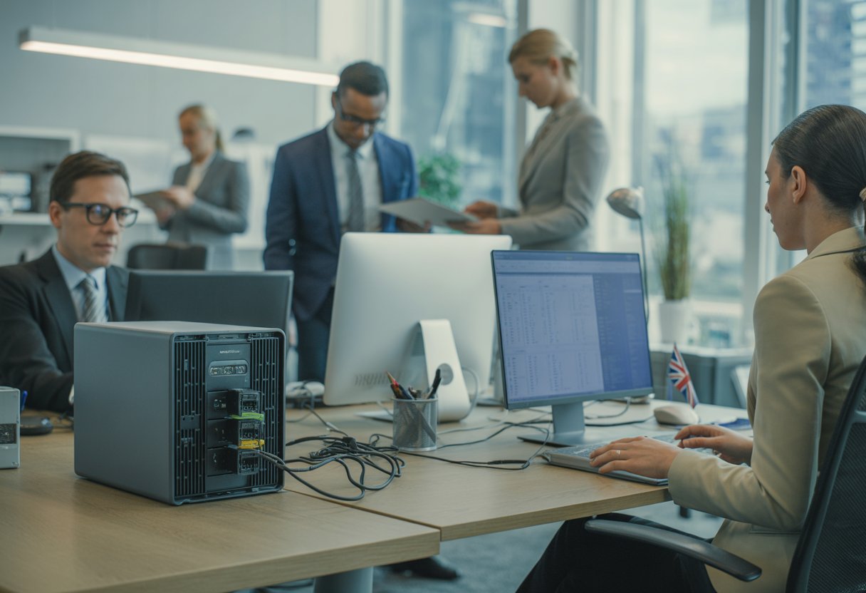 A modern UK office with business professionals working and a UPS device connected to computers, illustrating power backup in a workplace.