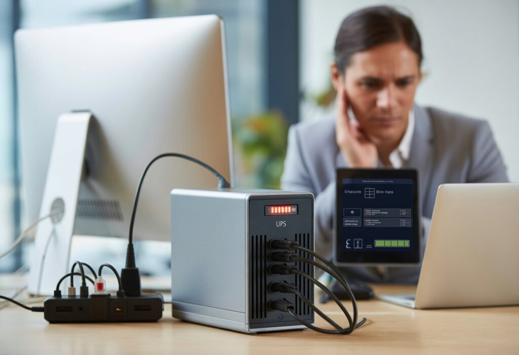 An office desk with a UPS device showing warning lights and a person checking if it needs an upgrade with a tablet nearby.