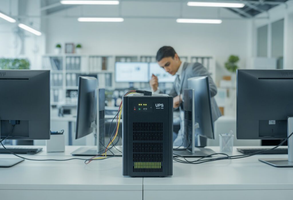 A technician examining a UPS unit connected to computers and servers in a modern office workspace.