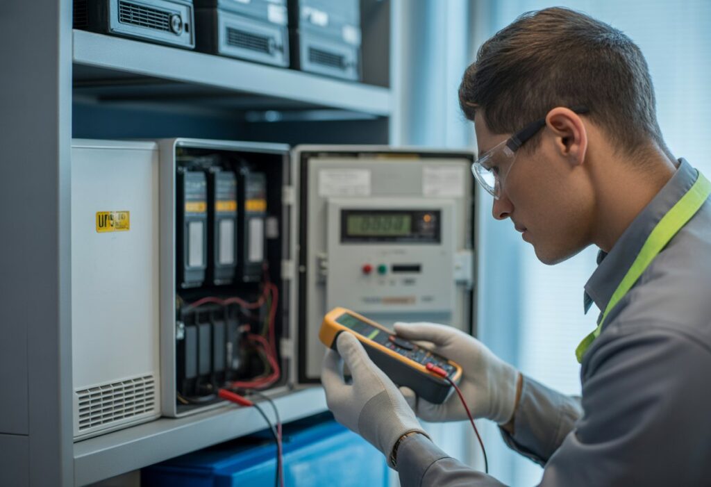 A technician inspecting the battery inside an open UPS unit in a tidy office workspace.