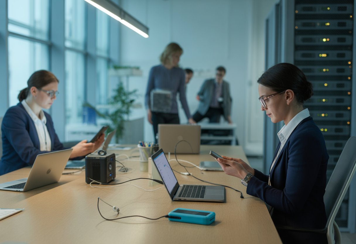 Office workers using laptops and devices powered by backup systems during power failures in a UK office.