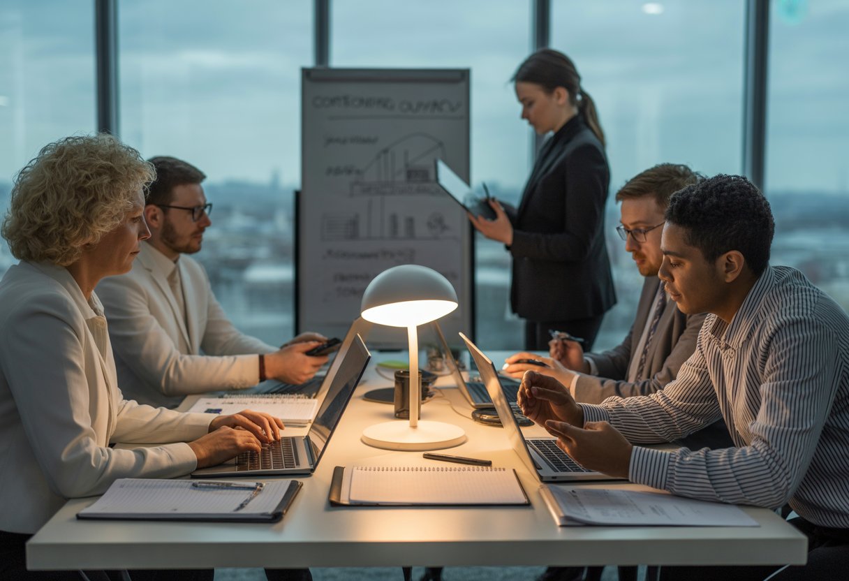 Business professionals working together around a table in an office during a power outage, using natural light and portable lamps to continue their work.
