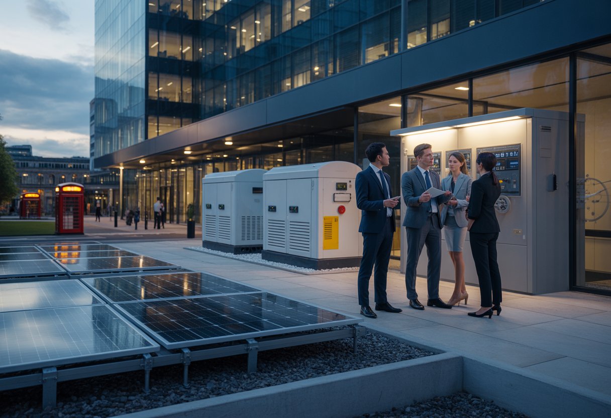 Business professionals discussing backup power systems outside a modern office building with generators and solar panels on the roof.