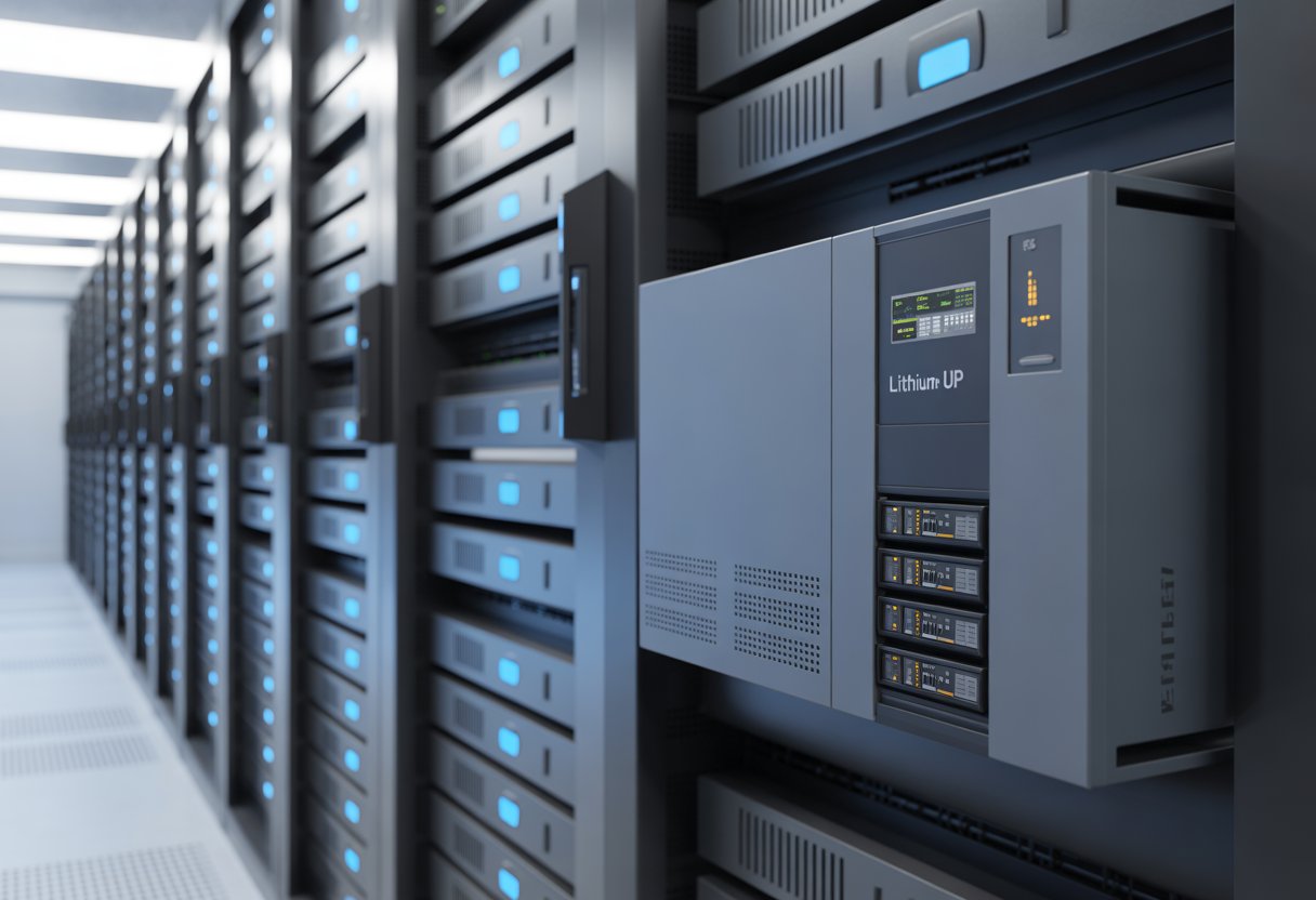 Close-up of a modern lithium-ion UPS system with battery modules and digital displays inside a data centre with servers and network equipment in the background.