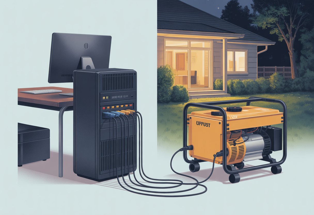 An illustration showing a UPS connected to office equipment indoors on one side and a generator placed outside a house on the other side, representing two backup power options.