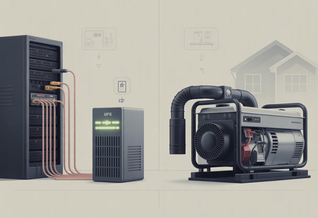 A side-by-side comparison of a UPS unit connected to a server and an outdoor generator near a building, illustrating two backup power options.