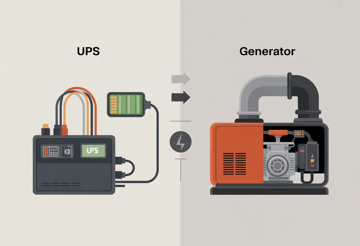 A detailed illustration showing a UPS unit on one side and a generator on the other, highlighting their differences in power backup capabilities.