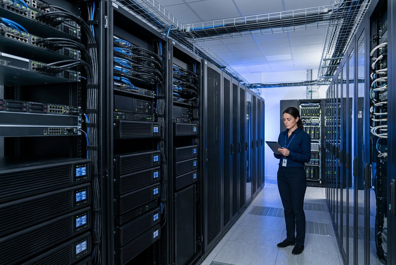 A server room with uninterruptible power supply units connected to electronic equipment and a technician monitoring the systems on a tablet.