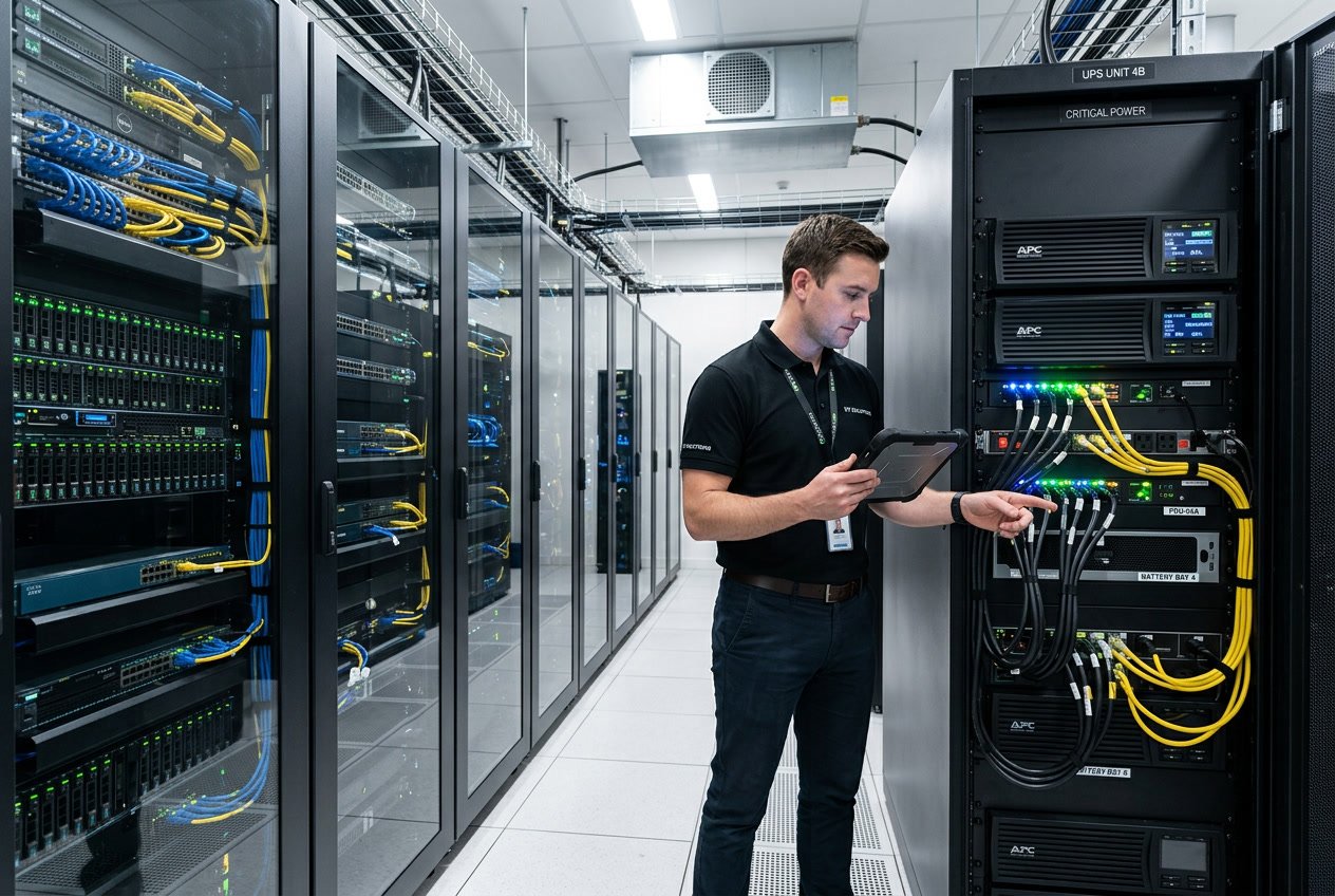 A technician inspecting UPS units in a modern data centre with servers and networking equipment.