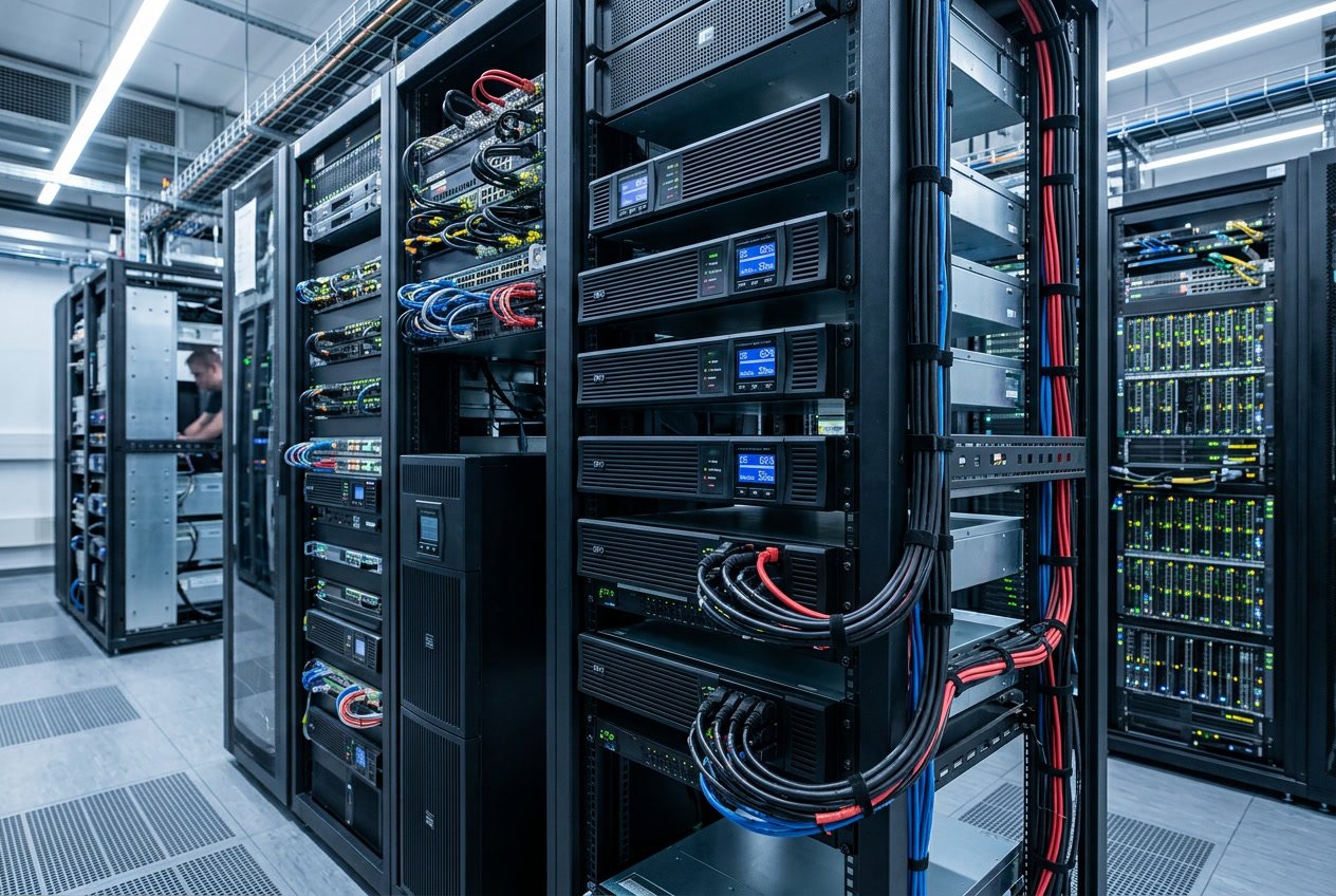 A data centre with various UPS units connected to servers, showing equipment protected from power interruptions.