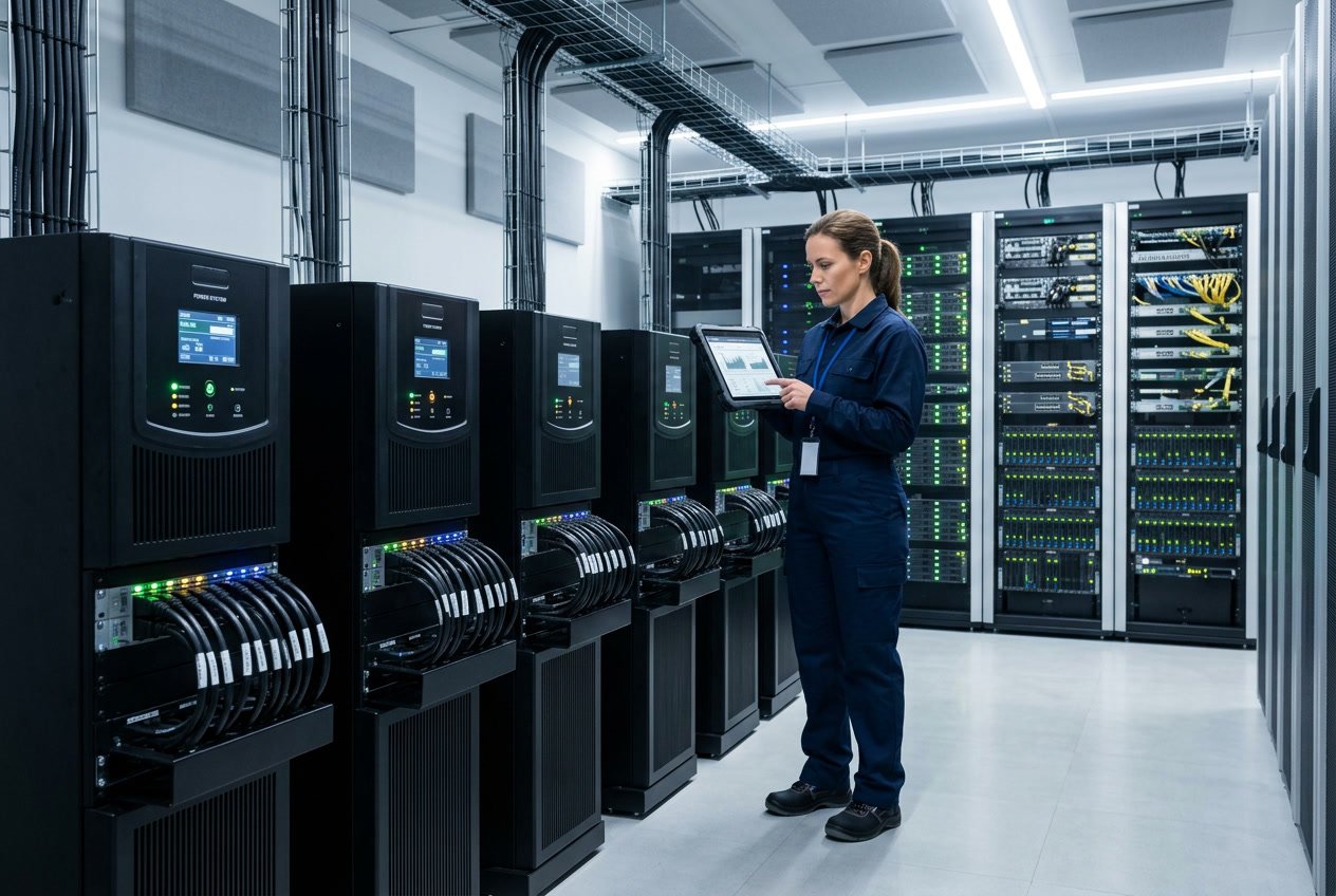 A technician monitoring uninterruptible power supply units and servers in a modern data centre.