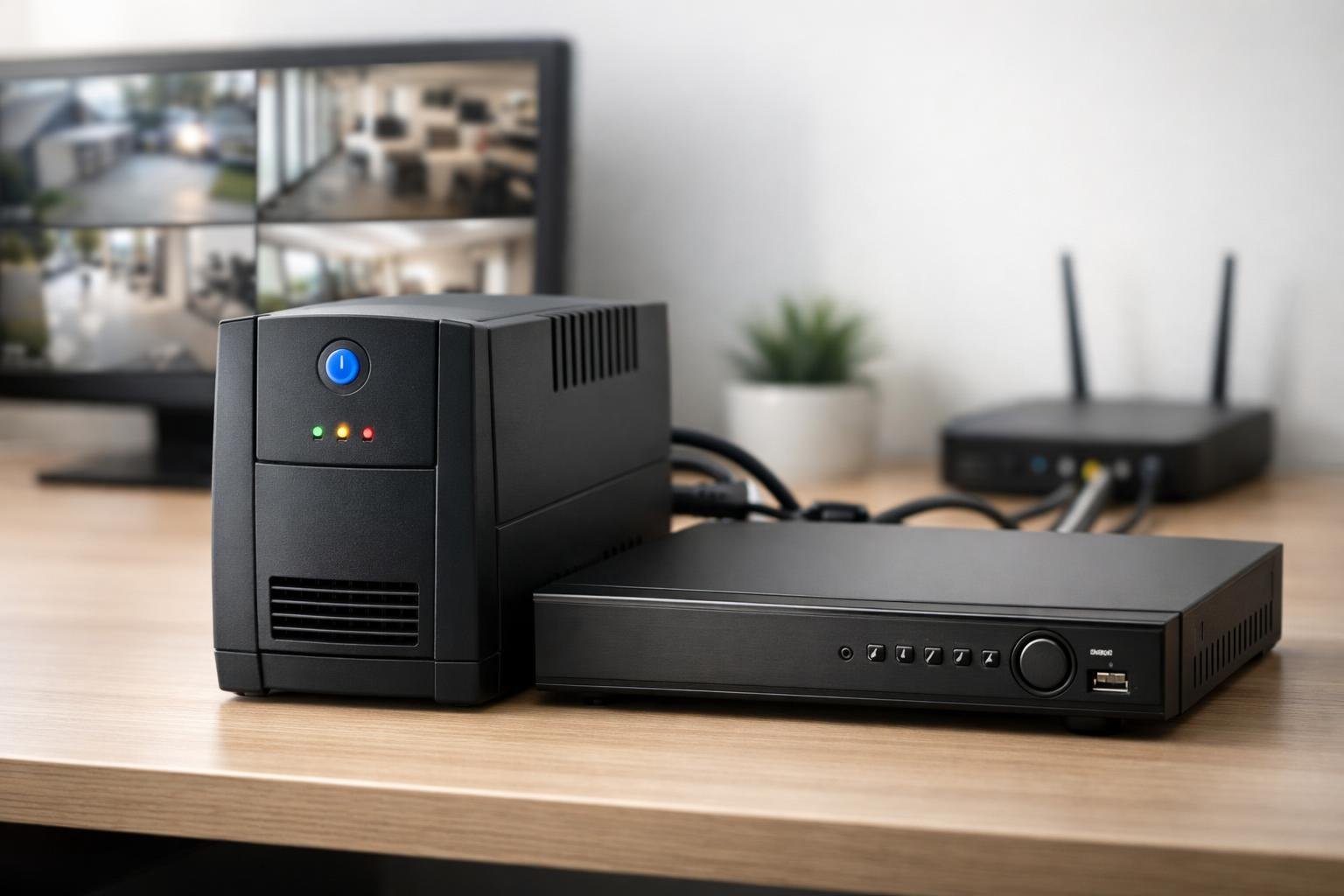 A compact UPS unit connected to a security DVR on a desk in a home or small business setting.
