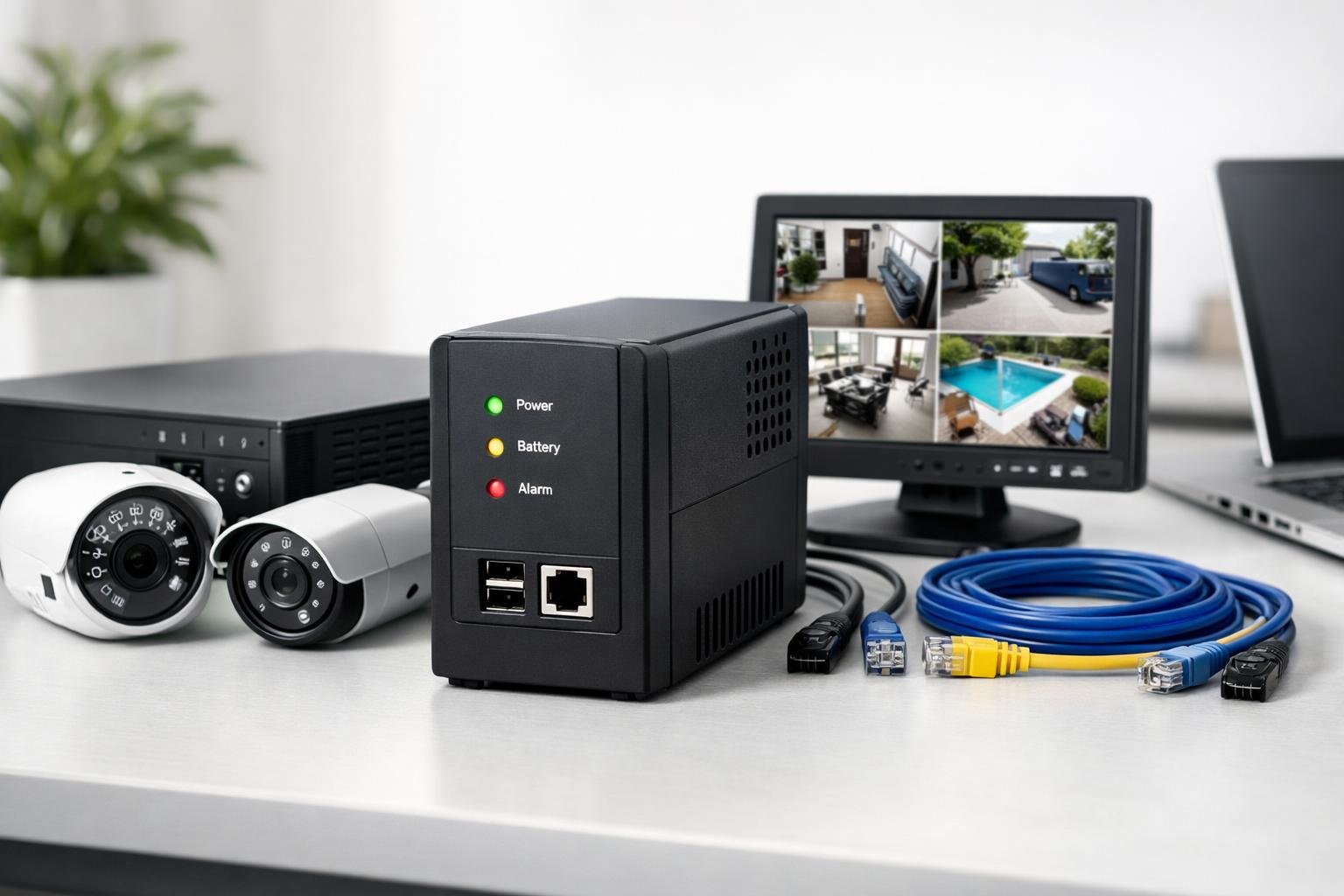 A compact UPS device on a desk next to security DVR equipment and surveillance monitors in a clean home and office workspace.