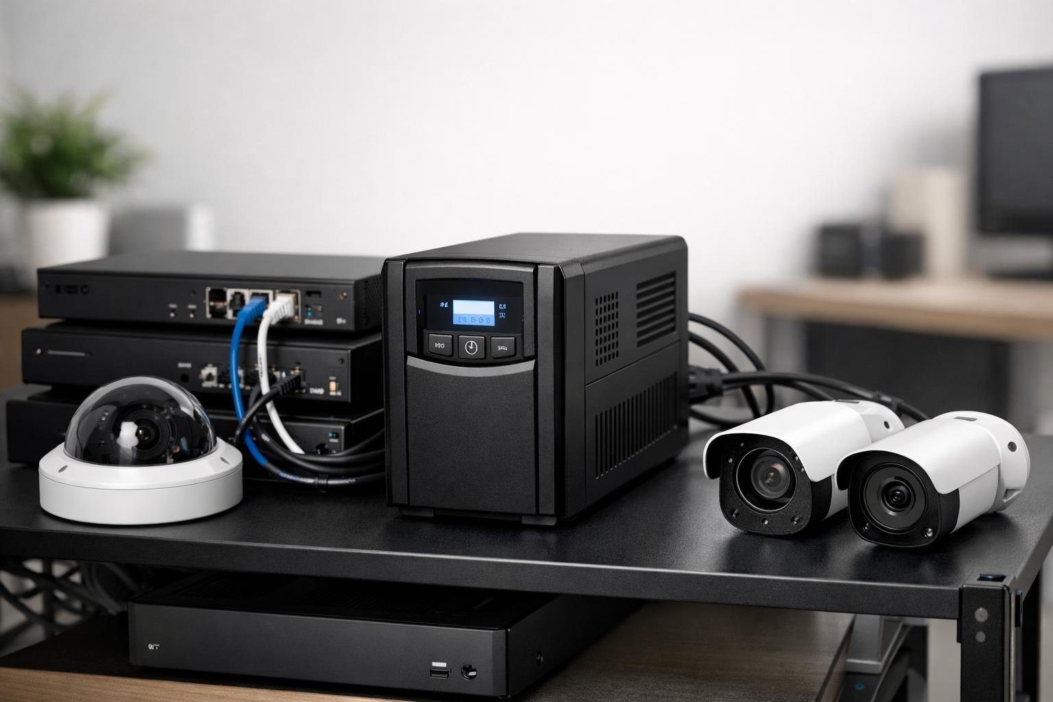 A compact UPS unit connected to security DVRs and surveillance equipment in a tidy home or small business setting.