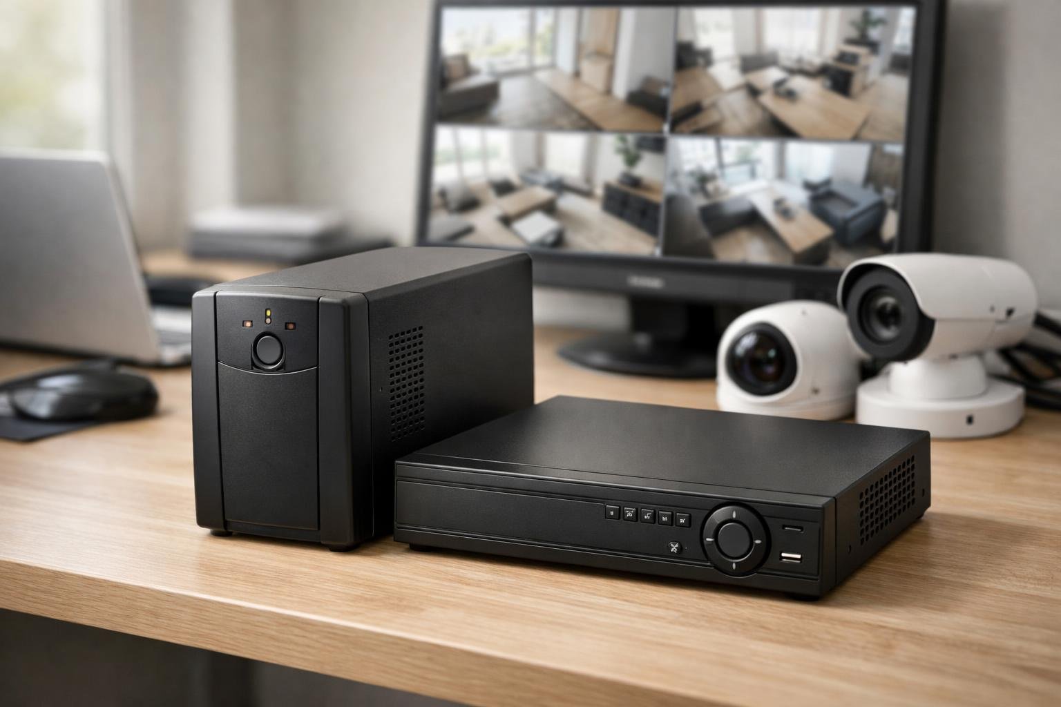 A compact UPS unit next to a DVR and security devices on a desk in a home office or small business setting.