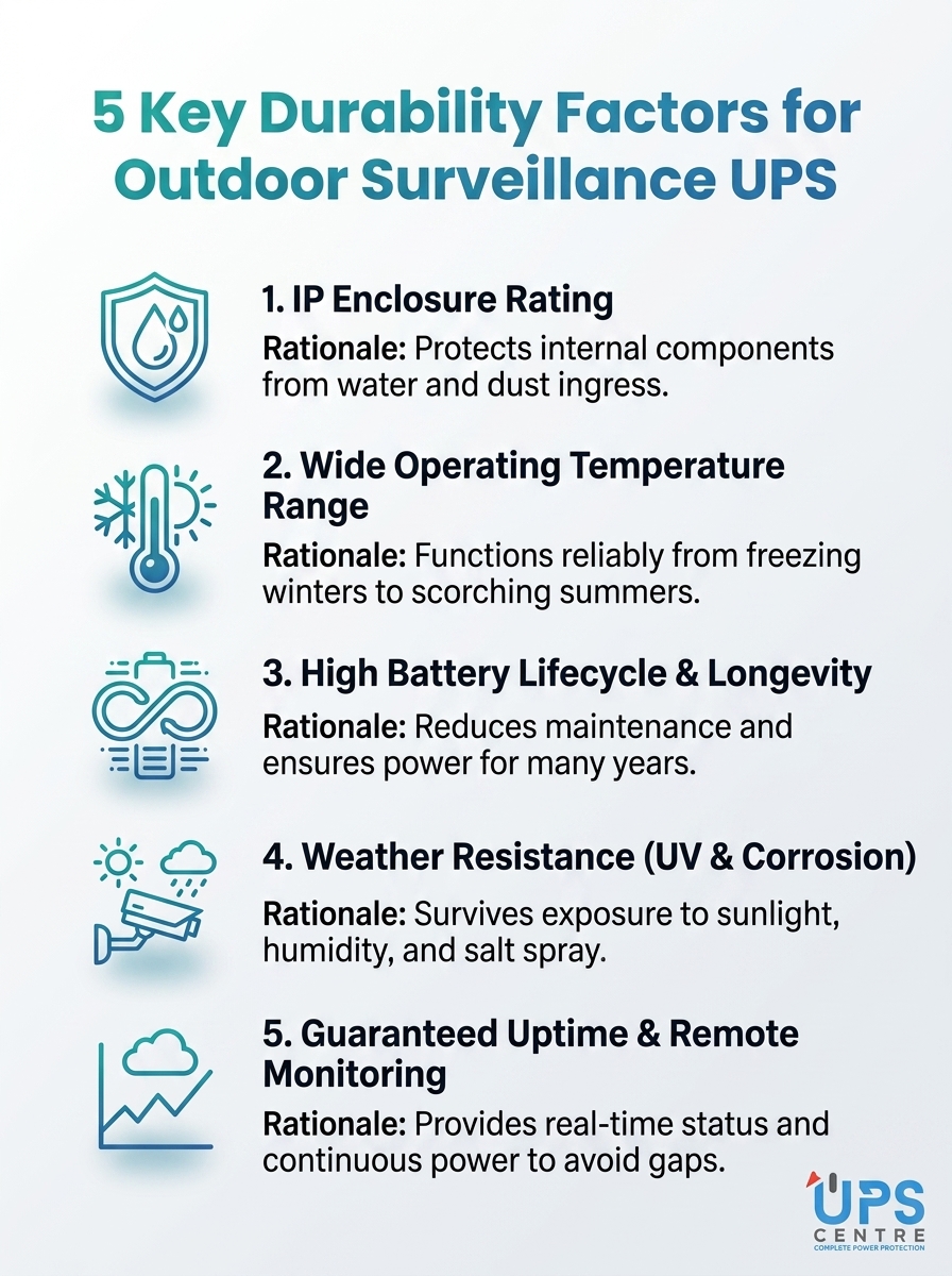 Infographic: 5 key durability factors for outdoor surveillance UPS, weather resistance and rugged design.
