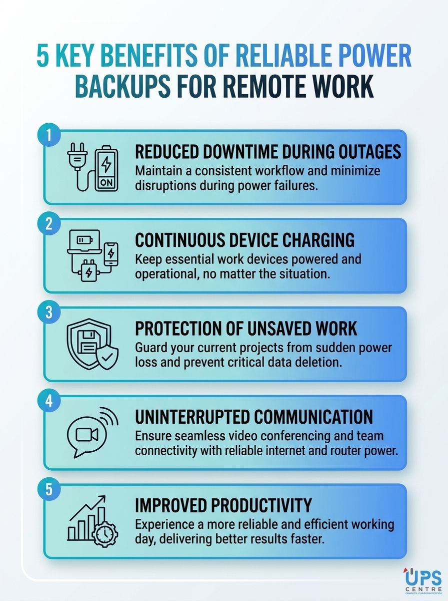 Infographic: 5 key benefits of reliable power backups for remote work to maximise productivity.