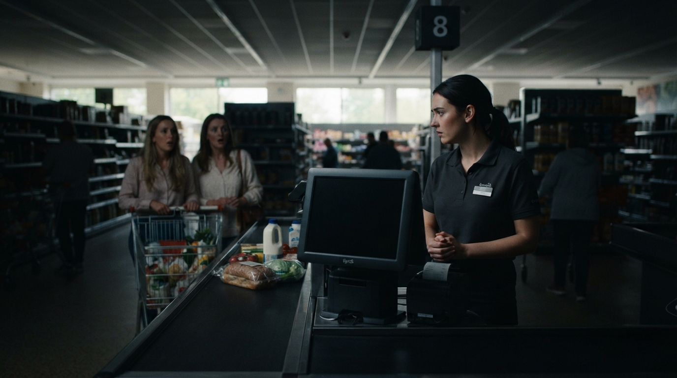 A grocery cashier waits beside a dark checkout screen as customers pause in the dim aisle during a sudden power outage.