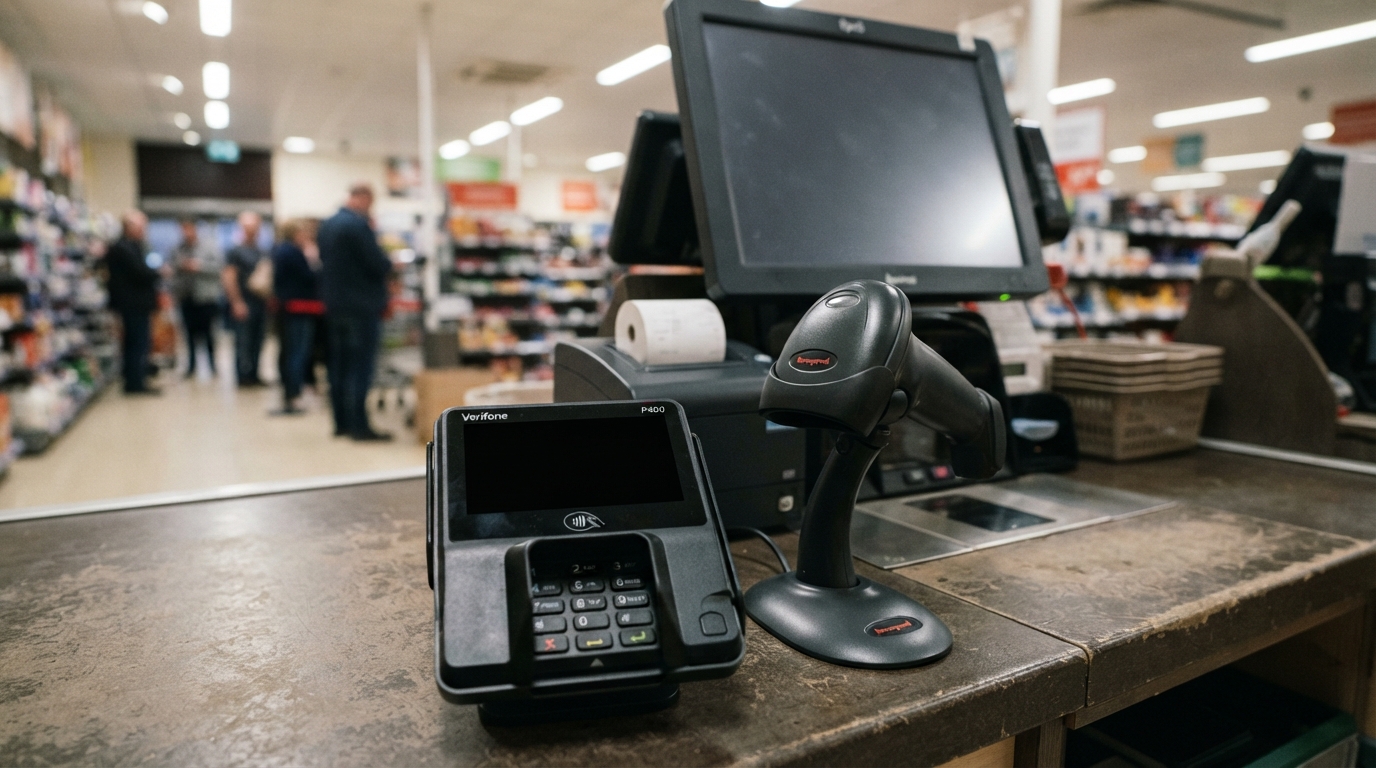 Close-up of a card payment terminal with a blank screen beside an idle barcode scanner on a brightly lit checkout counter.