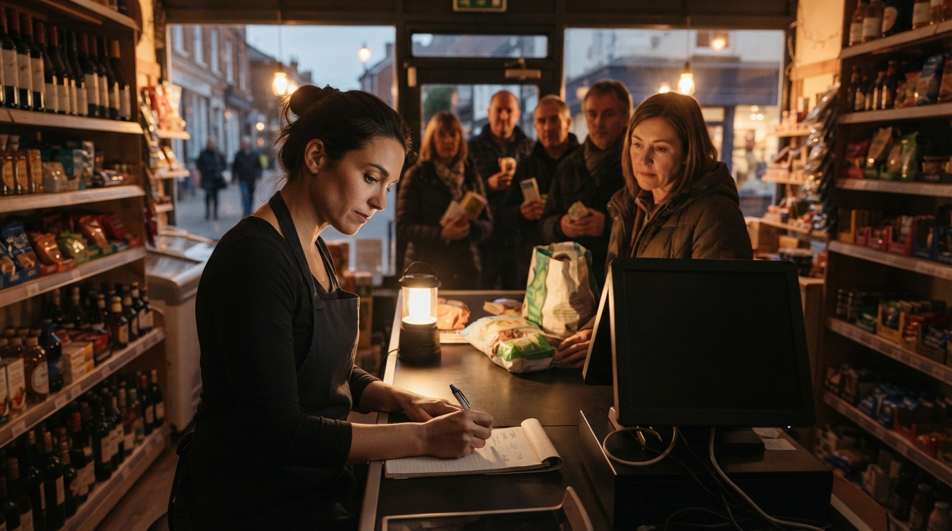 In a small shop at dusk, a cashier writes a sale on paper beside a powerless register as customers wait. Protecting EpoS systems saves time